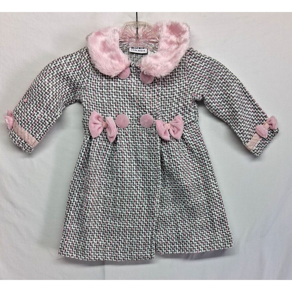 Blueberi Boulevard Girls 24mos Winter Long Pea Coat Gray Pink Buttons Bows